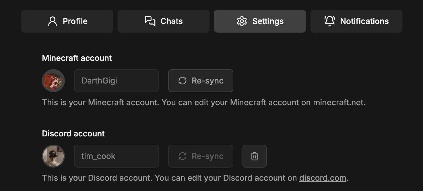 Profile settings after