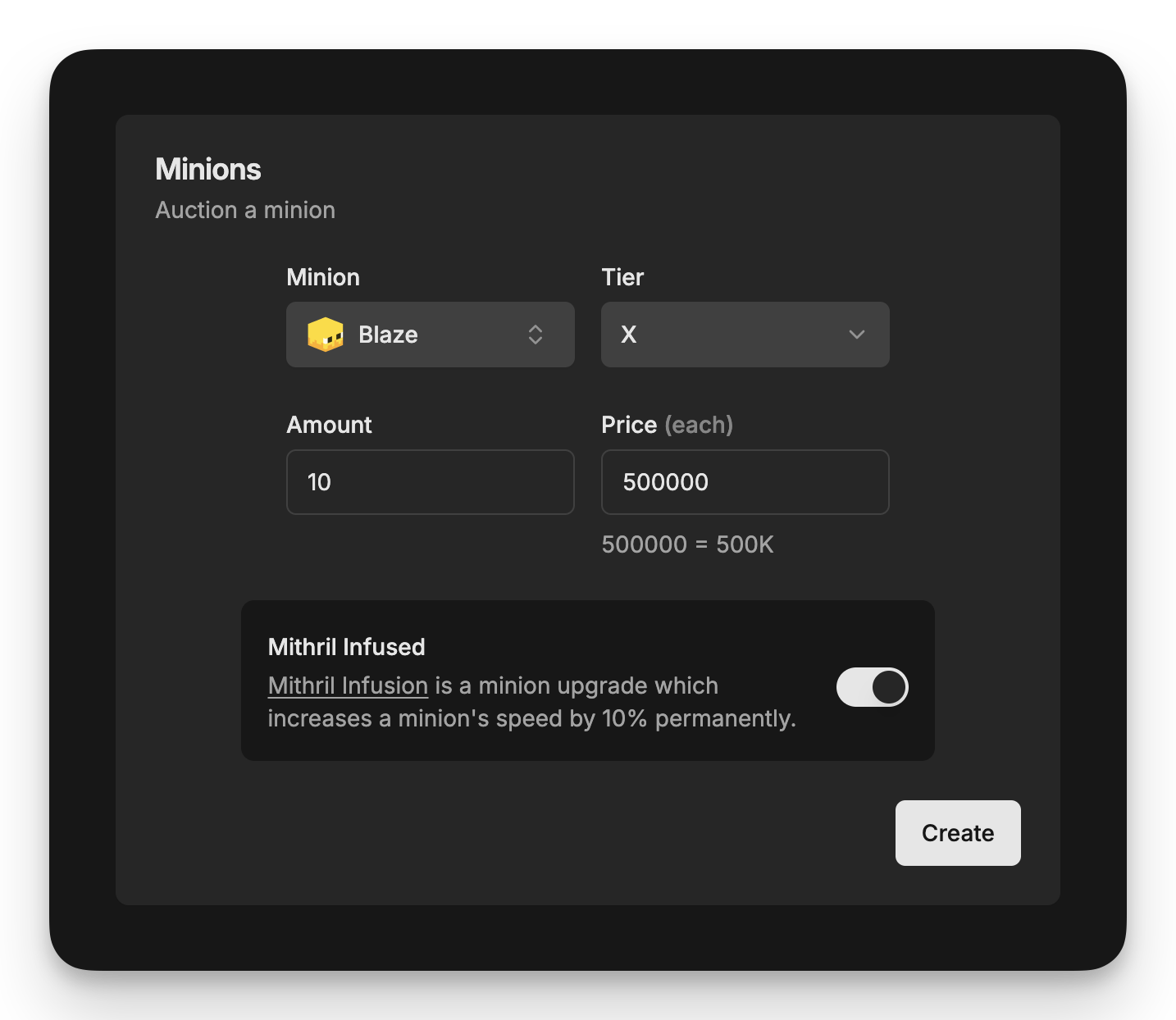 MinionAH Create Auction