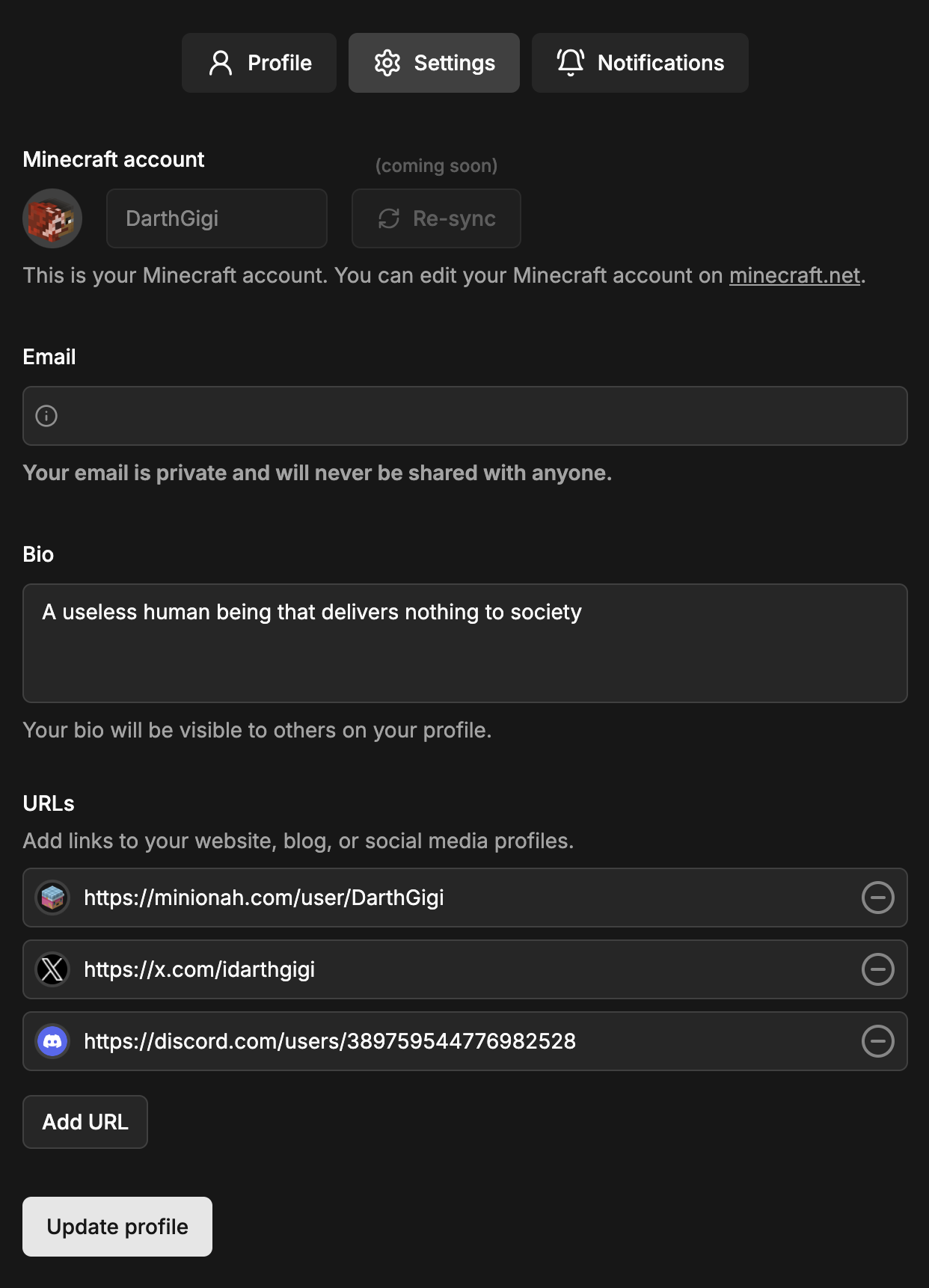 Profile settings